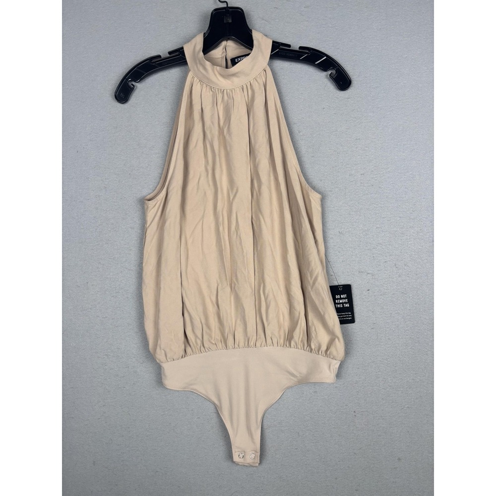 Express Bodysuit Womens XS Beige Mock Neck Halter Sleeveless Blouson Jersey NWT